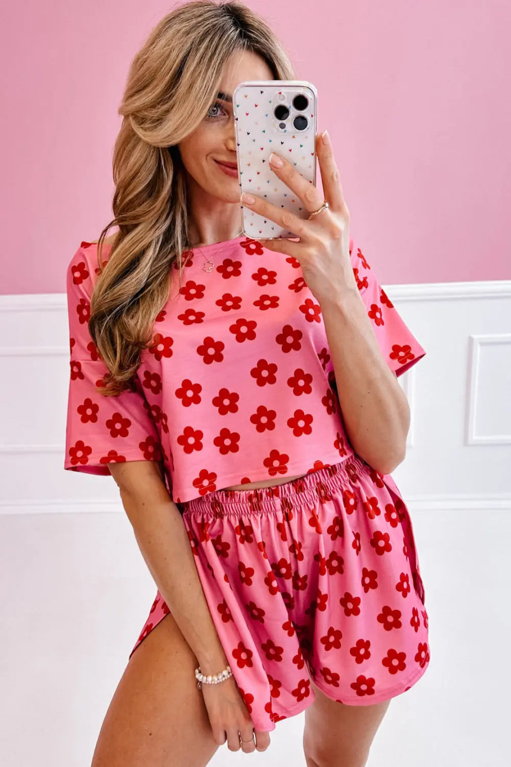 Rose Floral Print Crop Tee and Shorts Lounge Set eAura