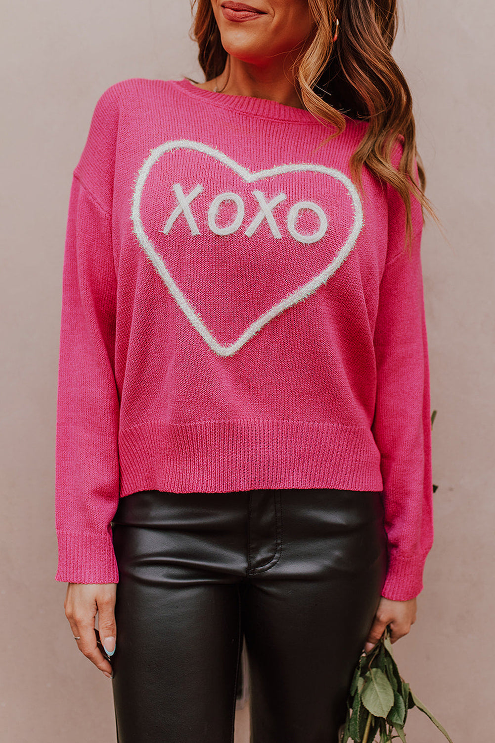 Rose Heart XOXO Pattern Drop Shoulder Rib Knit Sweater - eAura