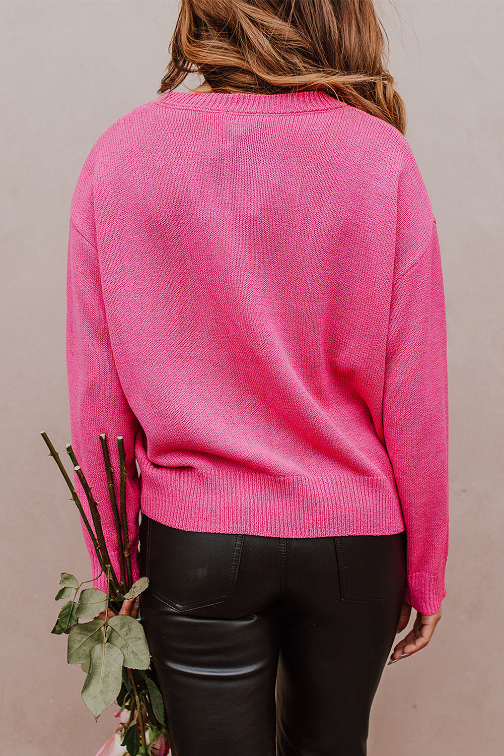 Rose Heart XOXO Pattern Drop Shoulder Rib Knit Sweater - Sweaters & Cardigans/Sweaters