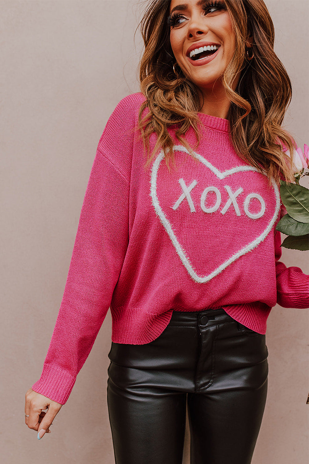 Rose Heart XOXO Pattern Drop Shoulder Rib Knit Sweater - Sweaters & Cardigans/Sweaters
