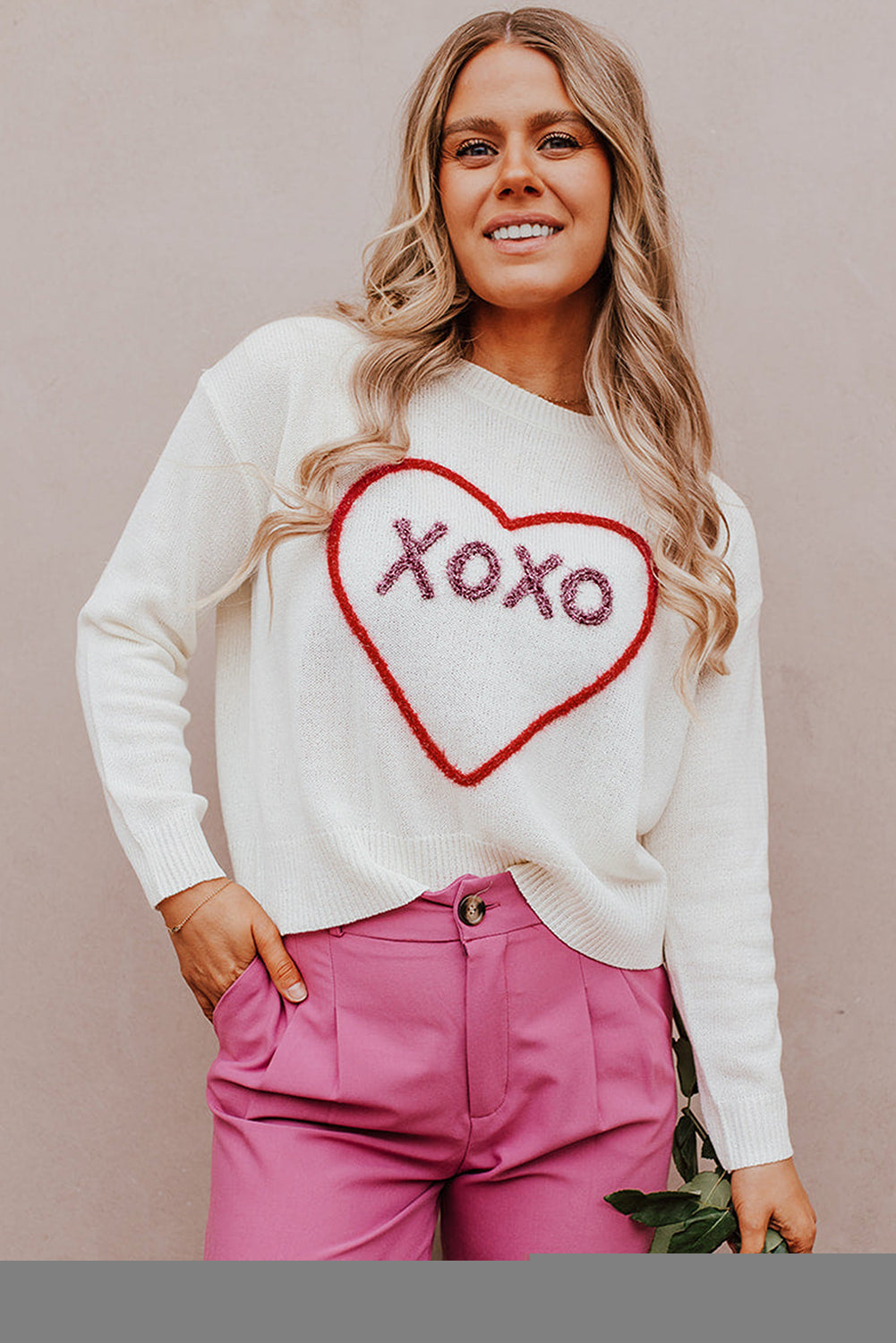Rose Heart XOXO Pattern Drop Shoulder Rib Knit Sweater - Sweaters & Cardigans/Sweaters
