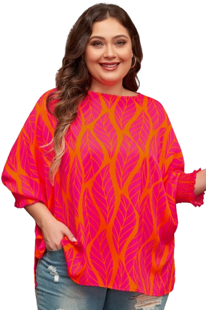 Shop Leafy Print Smocked Lantern Sleeve Plus Size Blouse at eAura