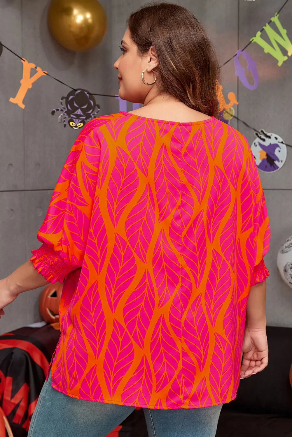 Rose Leafy Printed Smocked Lantern Sleeve Plus Size Blouse - BB Fashion Outlet