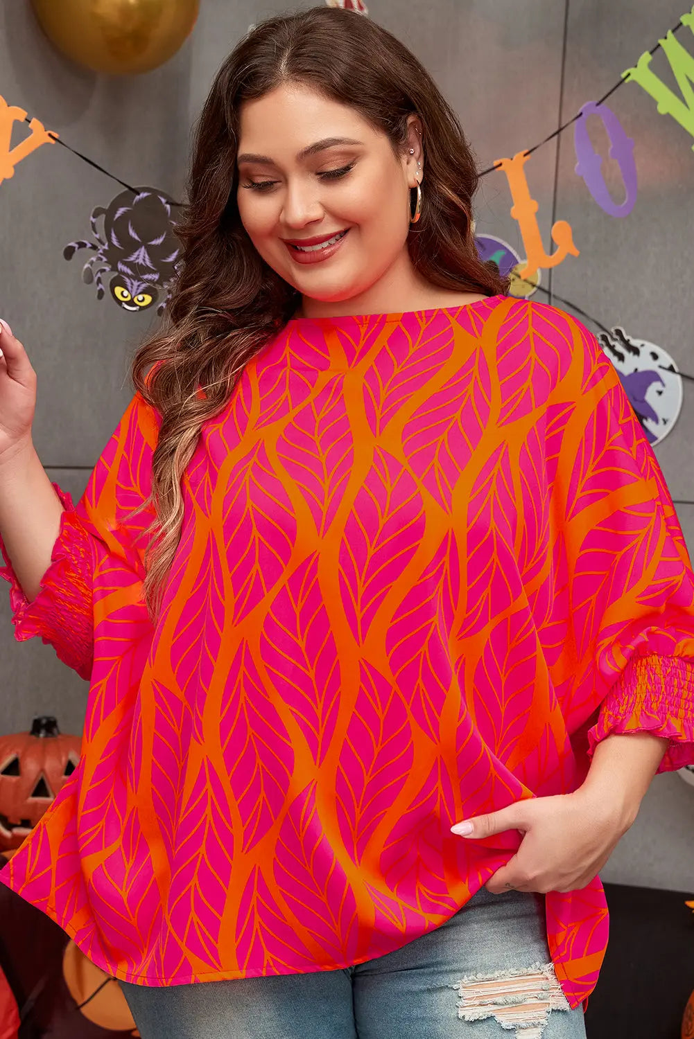 Rose Leafy Printed Smocked Lantern Sleeve Plus Size Blouse - BB Fashion Outlet