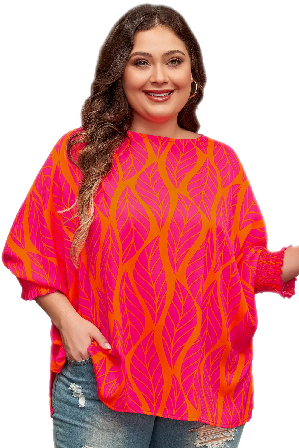 Rose Leafy Printed Smocked Lantern Sleeve Plus Size Blouse - BB Fashion Outlet