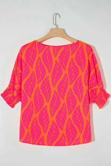 Shop Leafy Print Smocked Lantern Sleeve Plus Size Blouse at eAura