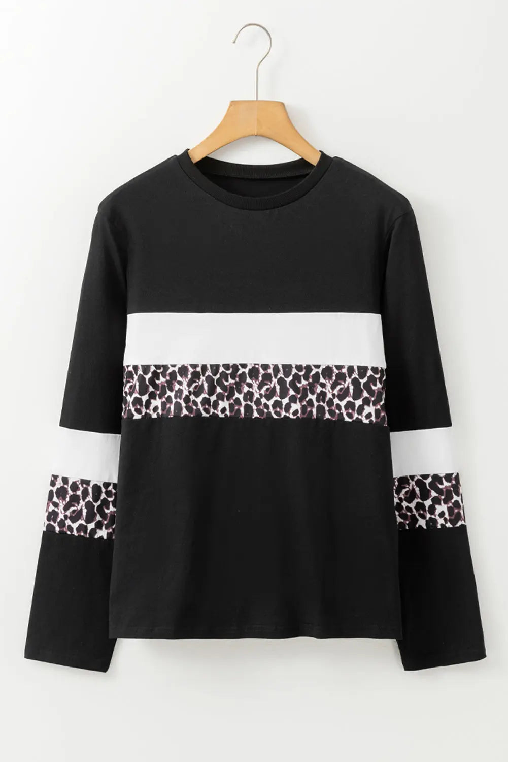 Rose Leopard Colorblock Patchwork Crew Neck Long Sleeve Tee - eAura