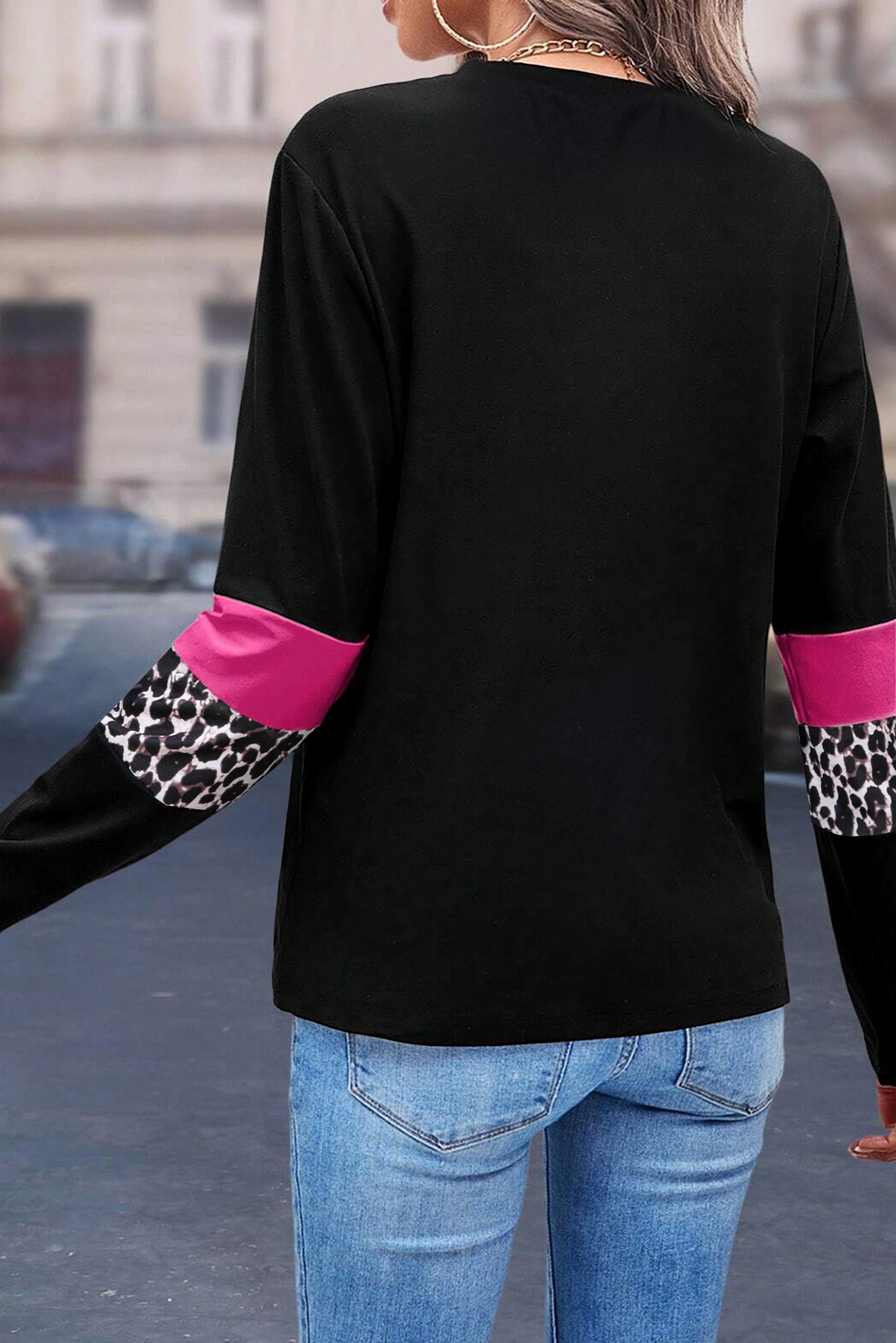 Rose Leopard Colorblock Patchwork Crew Neck Long Sleeve Tee - Tops/Long Tops