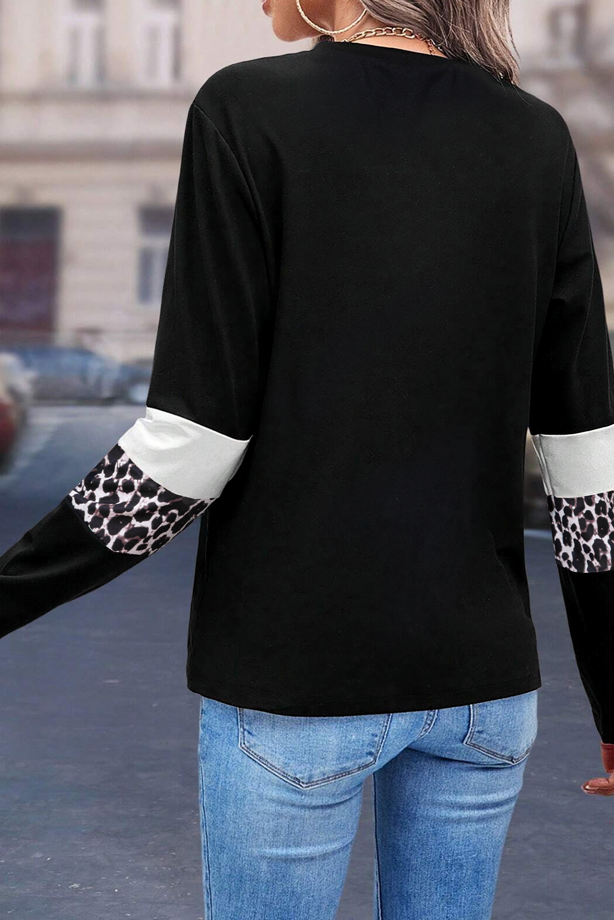 Rose Leopard Colorblock Patchwork Crew Neck Long Sleeve Tee - Tops/Long Tops