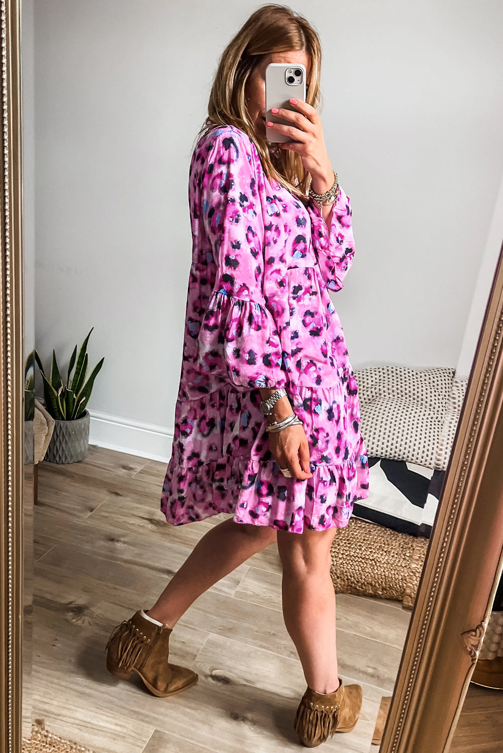 Rose Leopard Print Buttoned Front 3/4 Sleeve Tiered Ruffled Hem Dress - Dresses/Mini Dresses