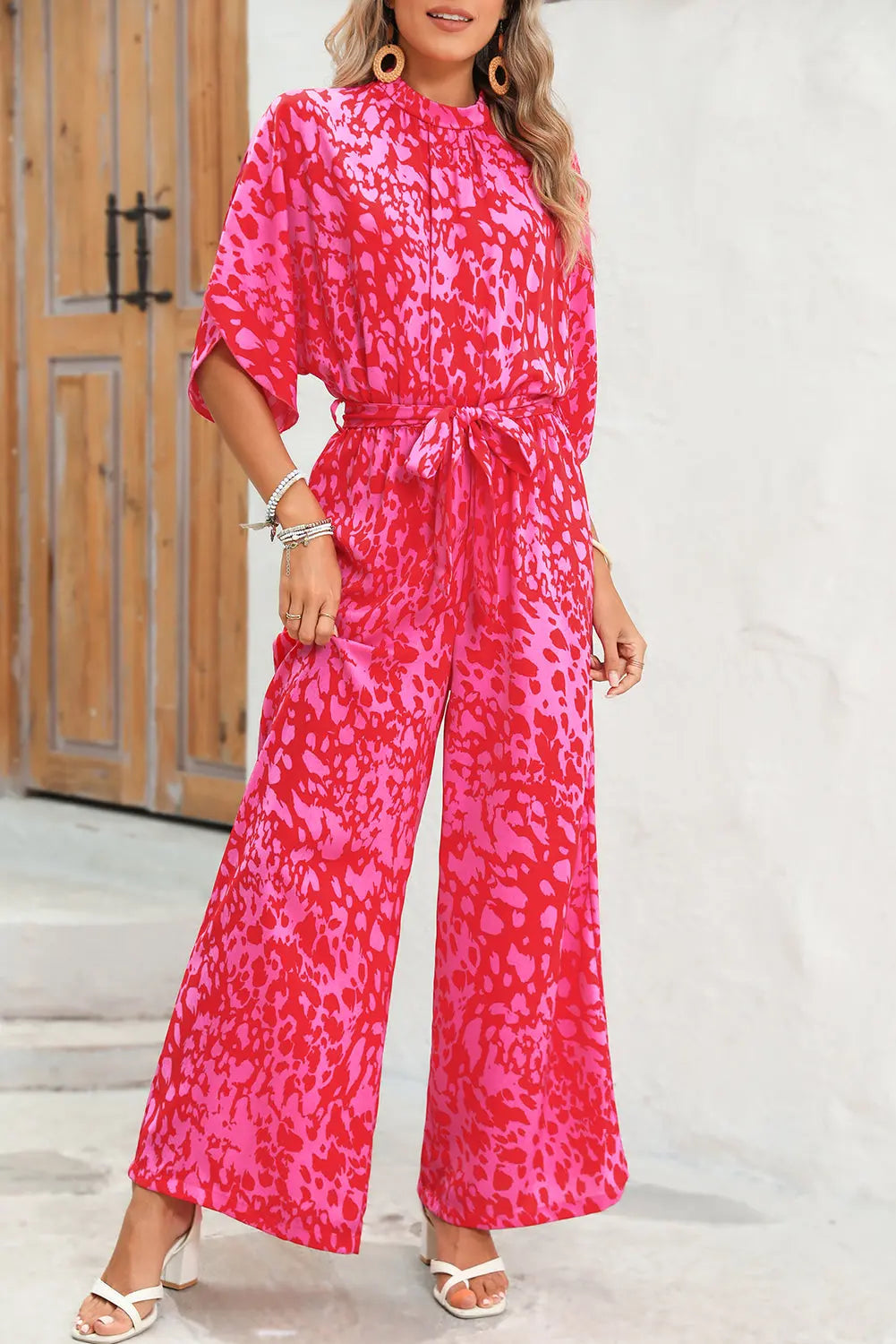 Rose Leopard Print Tulip Sleeve Belted Wide Leg Jumpsuit - eAura