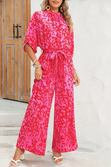 Rose Leopard Print Tulip Sleeve Belted Wide Leg Jumpsuit - eAura