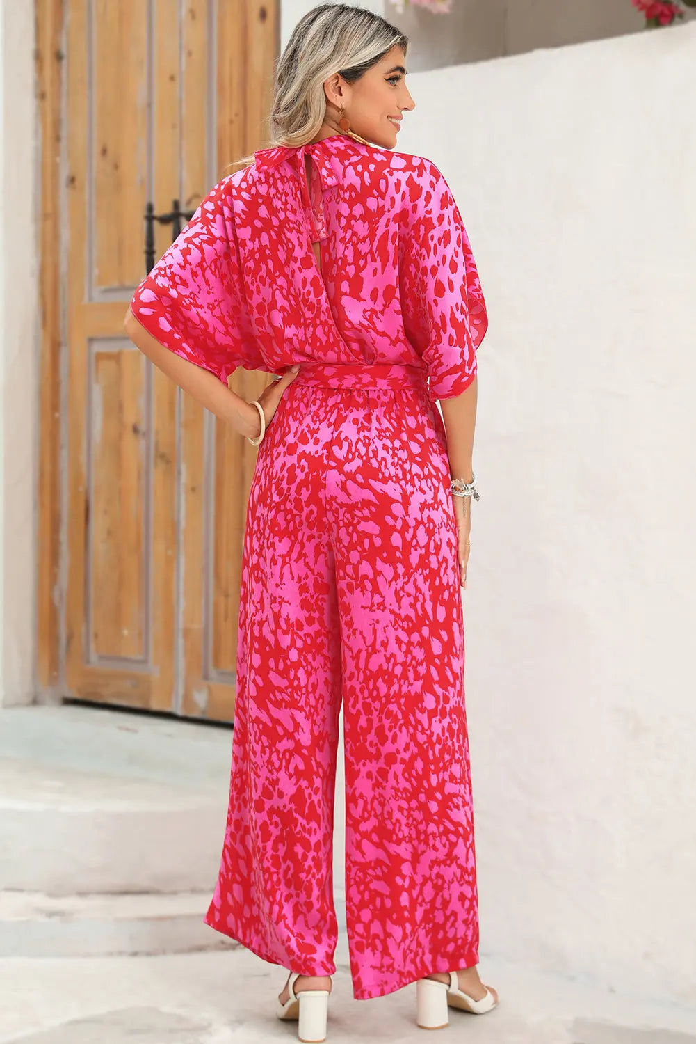 Rose Leopard Print Tulip Sleeve Belted Wide Leg Jumpsuit - eAura