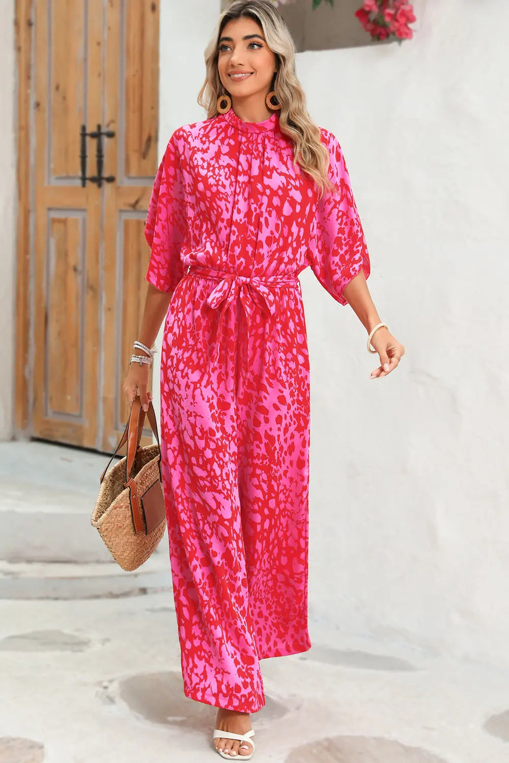 Rose Leopard Print Tulip Sleeve Belted Wide Leg Jumpsuit - eAura
