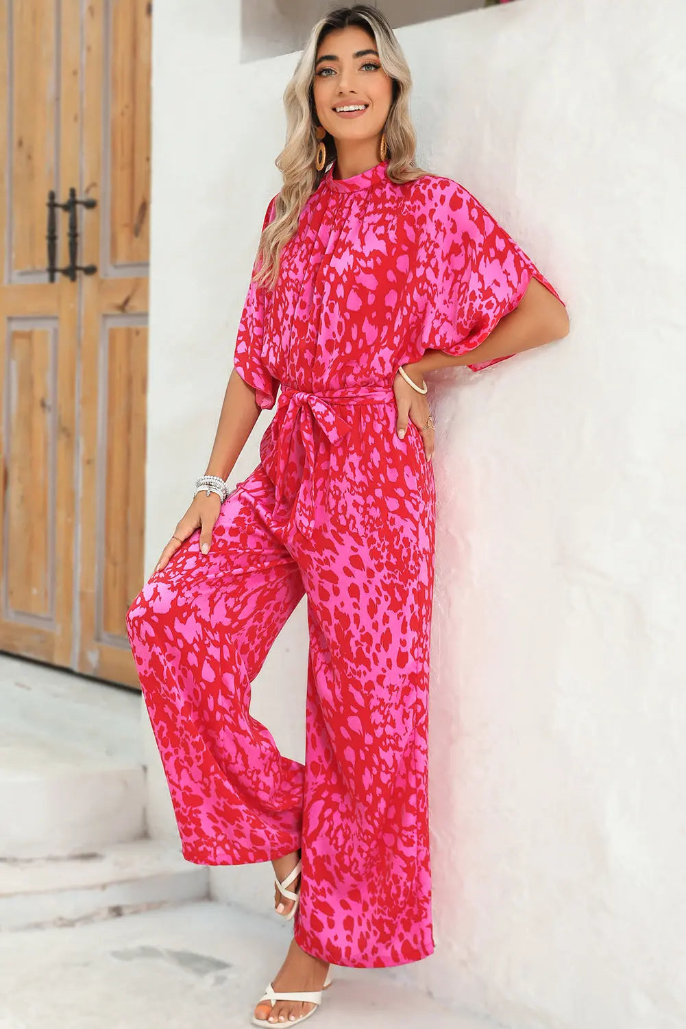 Rose Leopard Print Tulip Sleeve Belted Wide Leg Jumpsuit - eAura