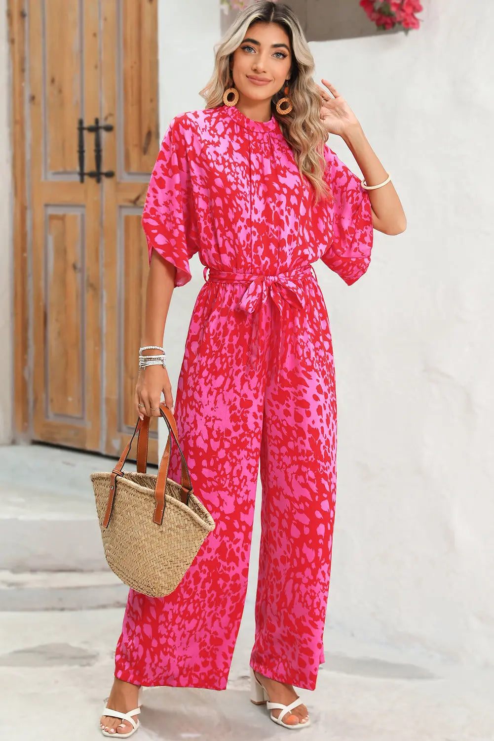 Rose Leopard Print Tulip Sleeve Belted Wide Leg Jumpsuit - eAura