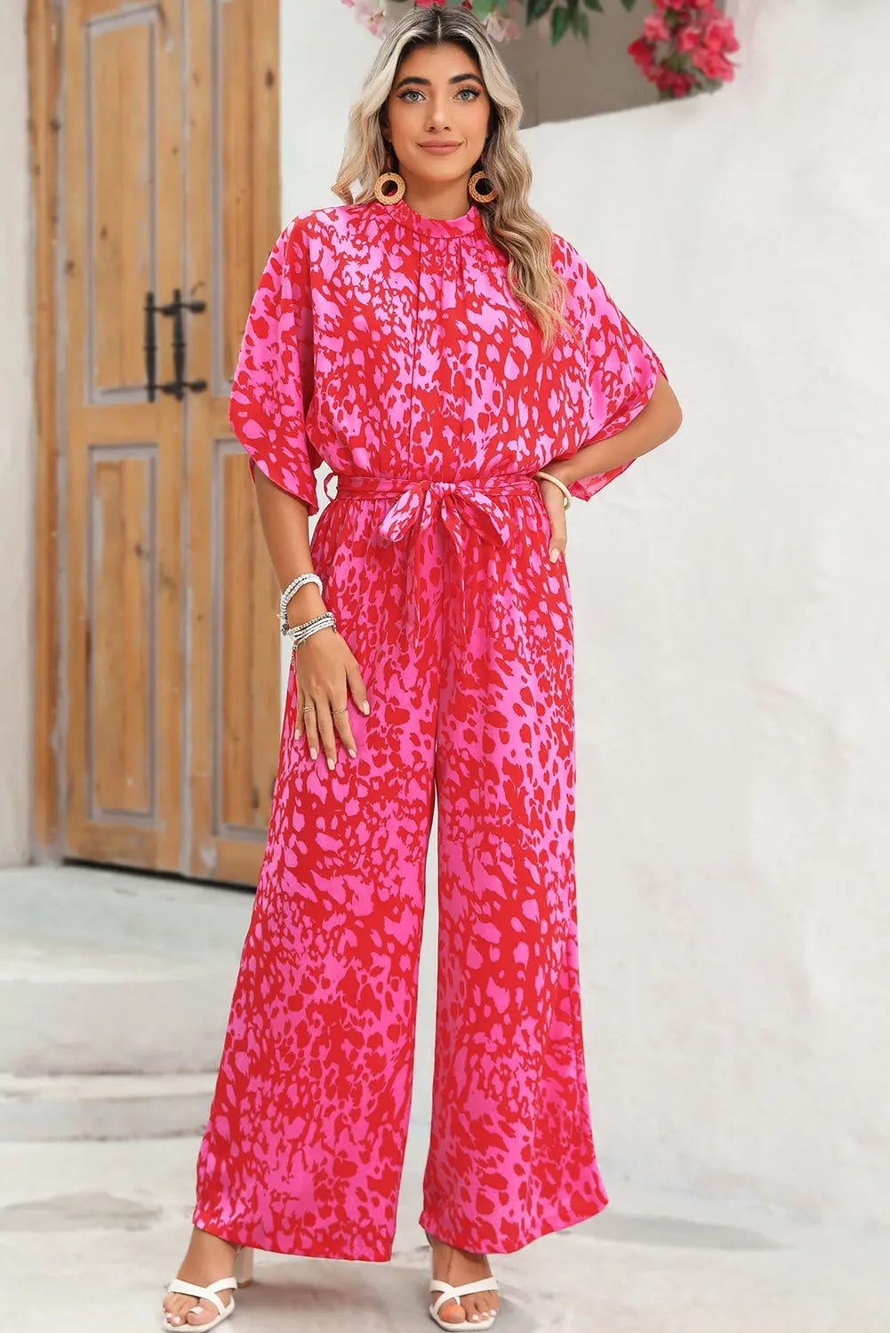 Rose Leopard Print Tulip Sleeve Belted Wide Leg Jumpsuit - eAura