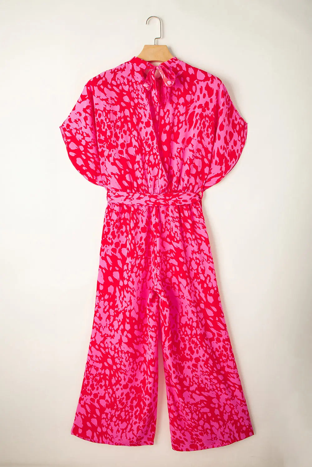 Rose Leopard Print Tulip Sleeve Belted Wide Leg Jumpsuit - eAura