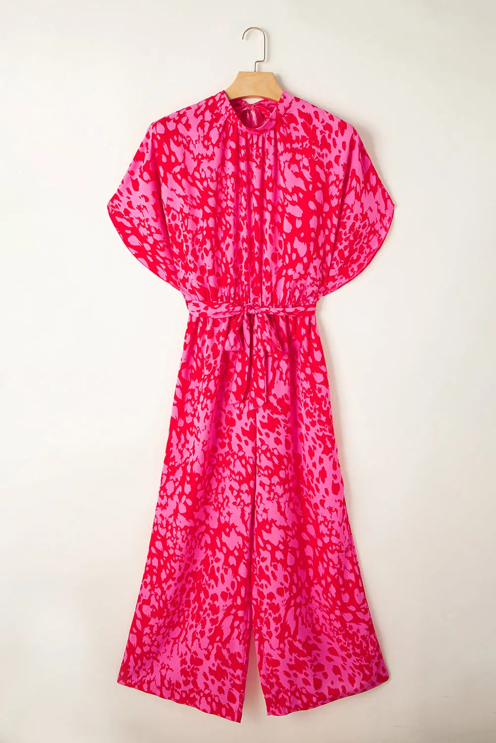 Rose Leopard Print Tulip Sleeve Belted Wide Leg Jumpsuit - eAura