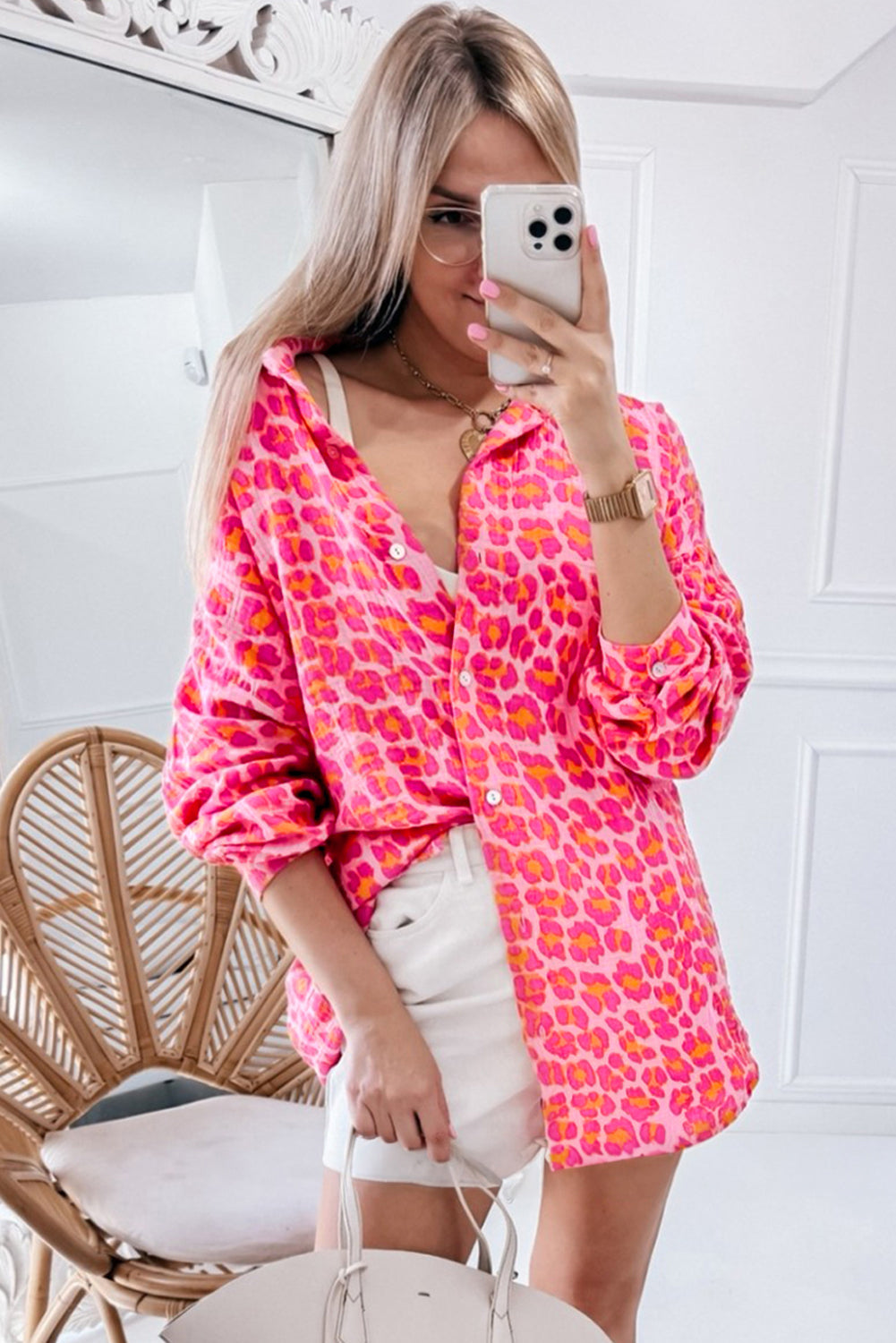 Rose Leopard Printed Button Up Loose Shirt - Tops/Blouses & Shirts