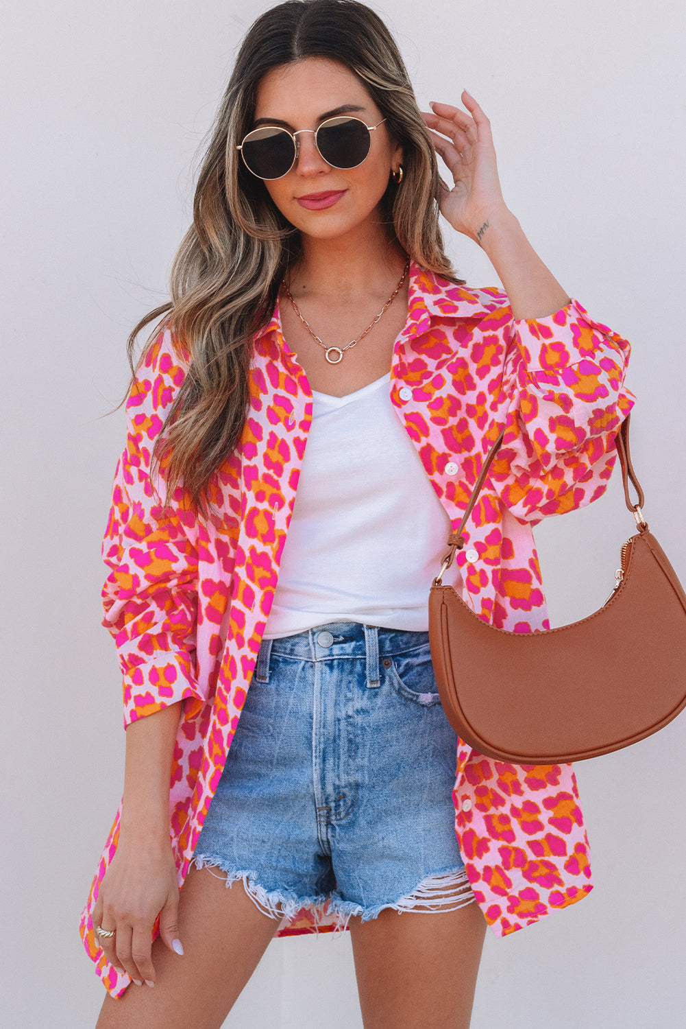Rose Leopard Printed Button Up Loose Shirt - Tops/Blouses & Shirts