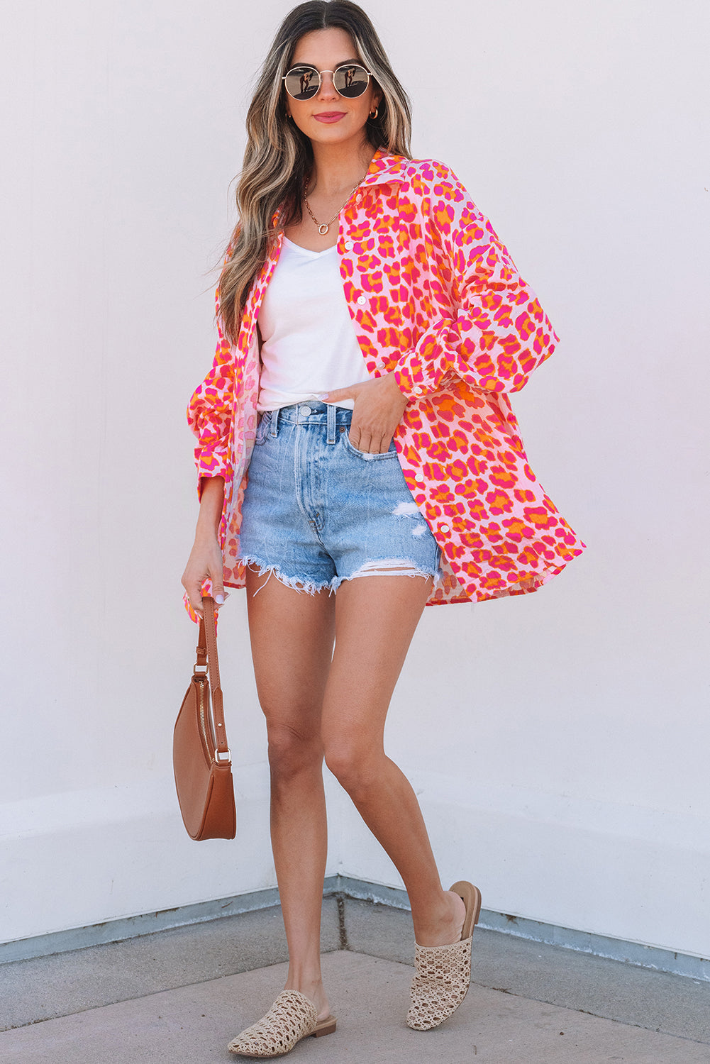 Rose Leopard Printed Button Up Loose Shirt - Tops/Blouses & Shirts