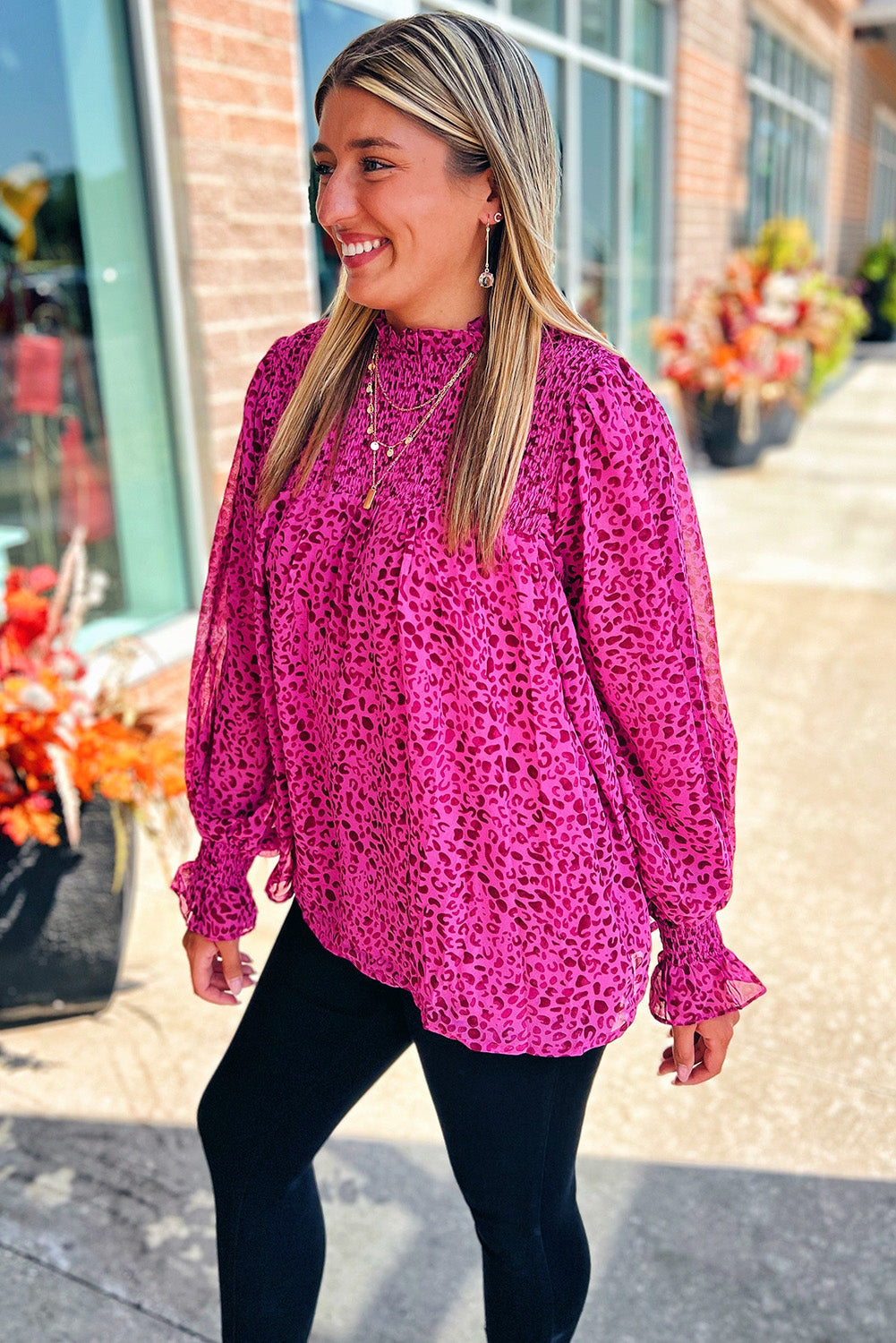 Rose Leopard Shirred Puff Sleeve Flowy Blouse - eAura