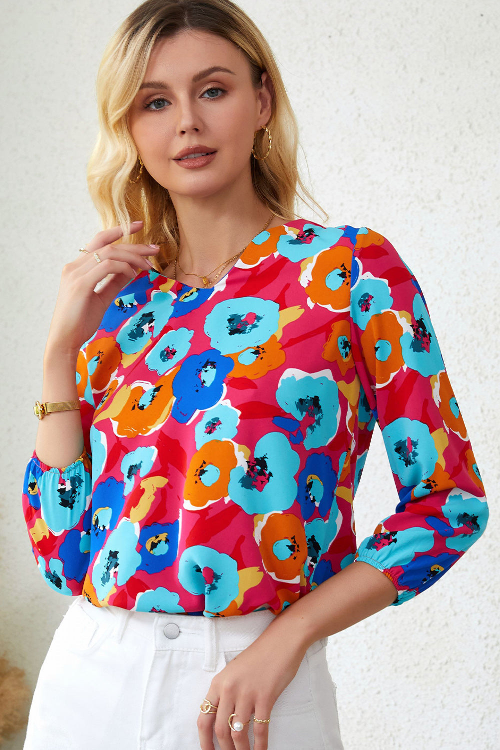 Rose MultiColour Floral Print V Neck 3/4 Sleeve Blouse - eAura