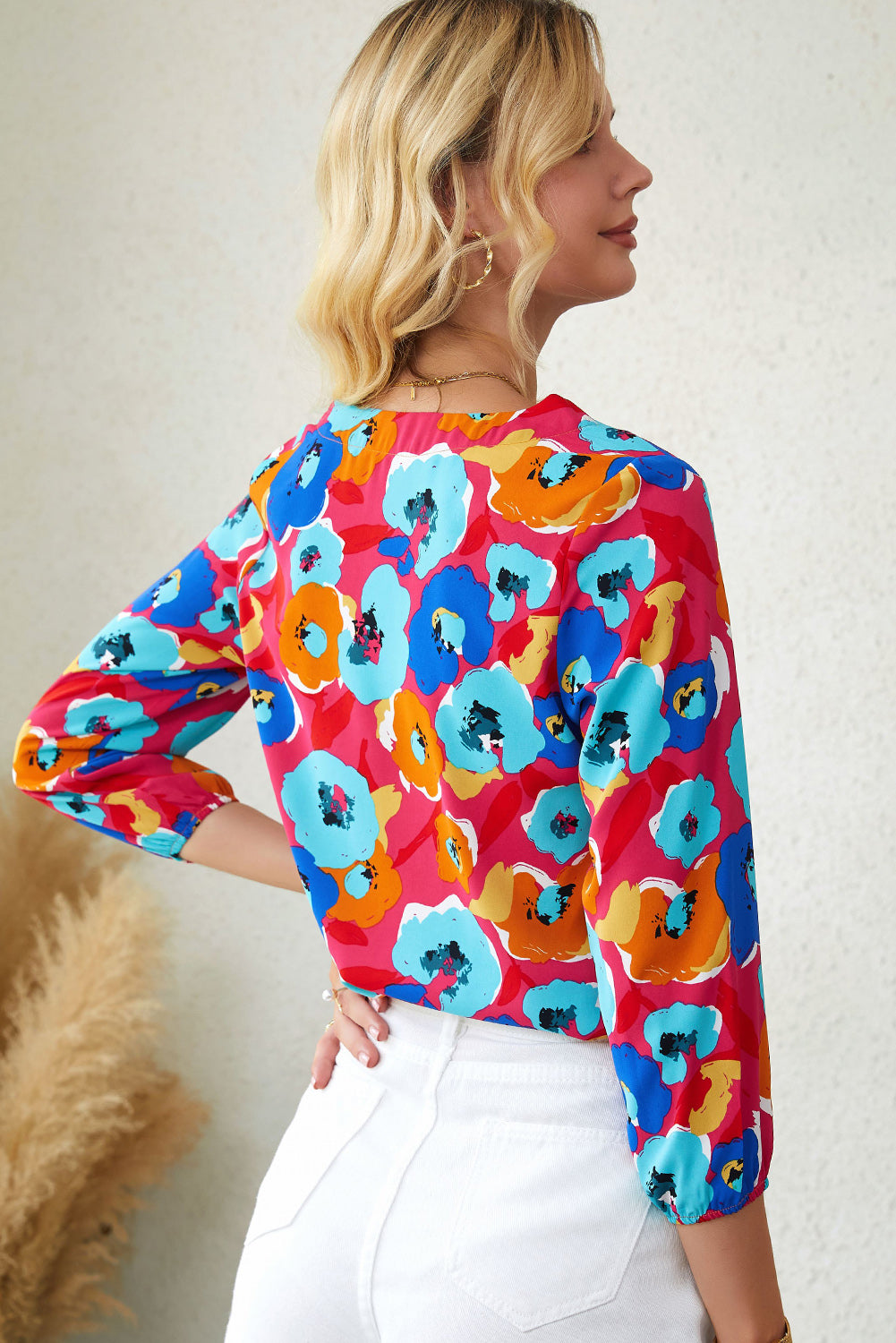 Rose MultiColour Floral Print V Neck 3/4 Sleeve Blouse - eAura