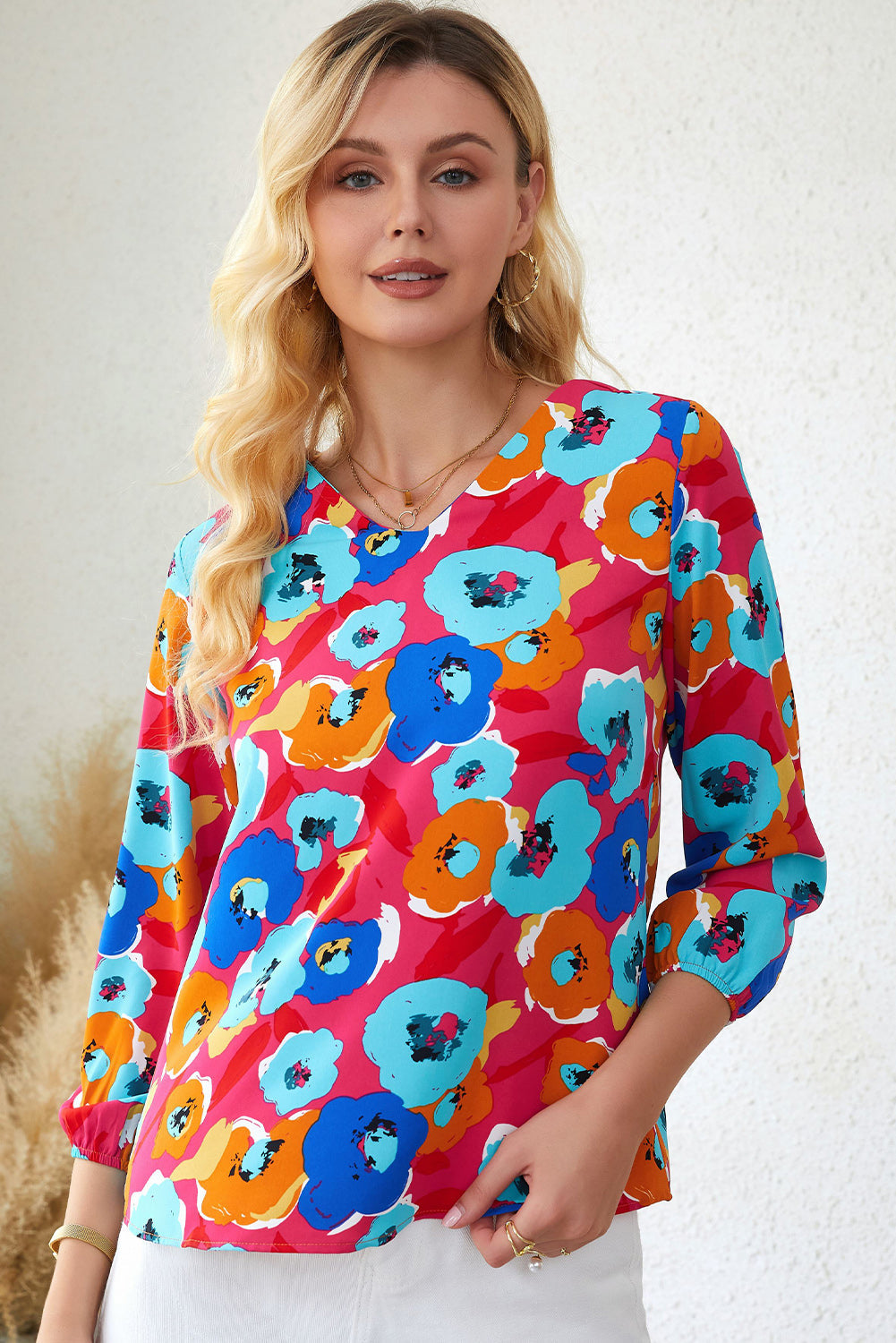 Rose MultiColour Floral Print V Neck 3/4 Sleeve Blouse - eAura