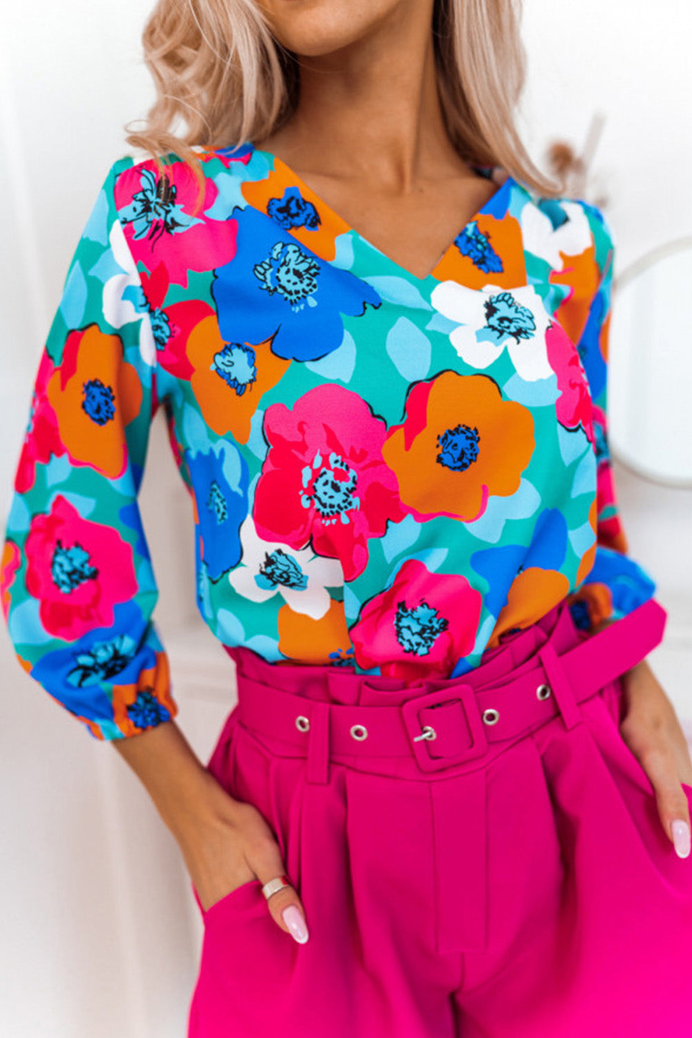 Rose MultiColour Floral Print V Neck 3/4 Sleeve Blouse - eAura