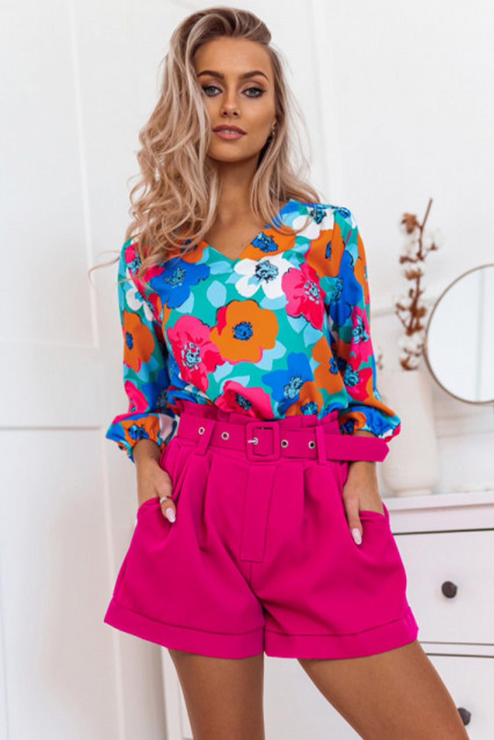 Rose MultiColour Floral Print V Neck 3/4 Sleeve Blouse - eAura