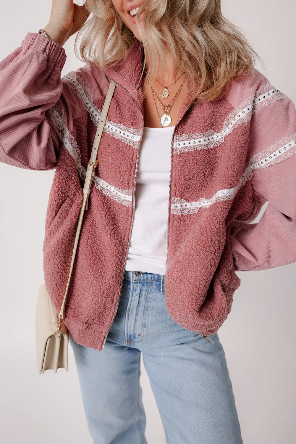 Rose Pink Sherpa Patchwork Lace Elastic Cuff Zip Up Jacket - eAura