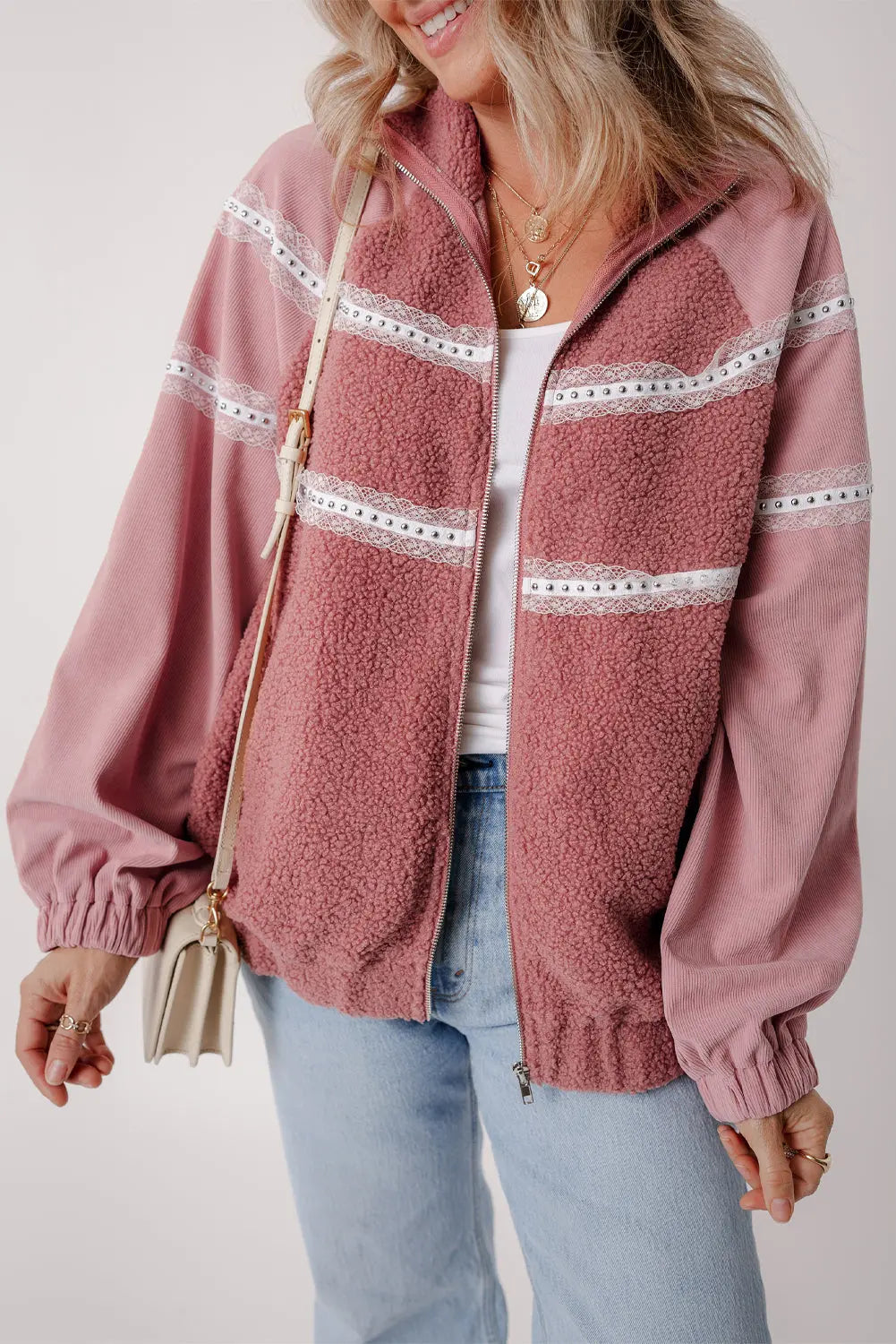 Rose Pink Sherpa Patchwork Lace Elastic Cuff Zip Up Jacket - eAura
