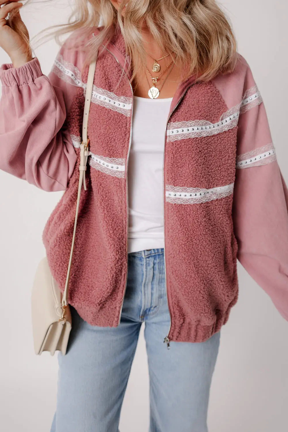 Rose Pink Sherpa Patchwork Lace Elastic Cuff Zip Up Jacket - eAura