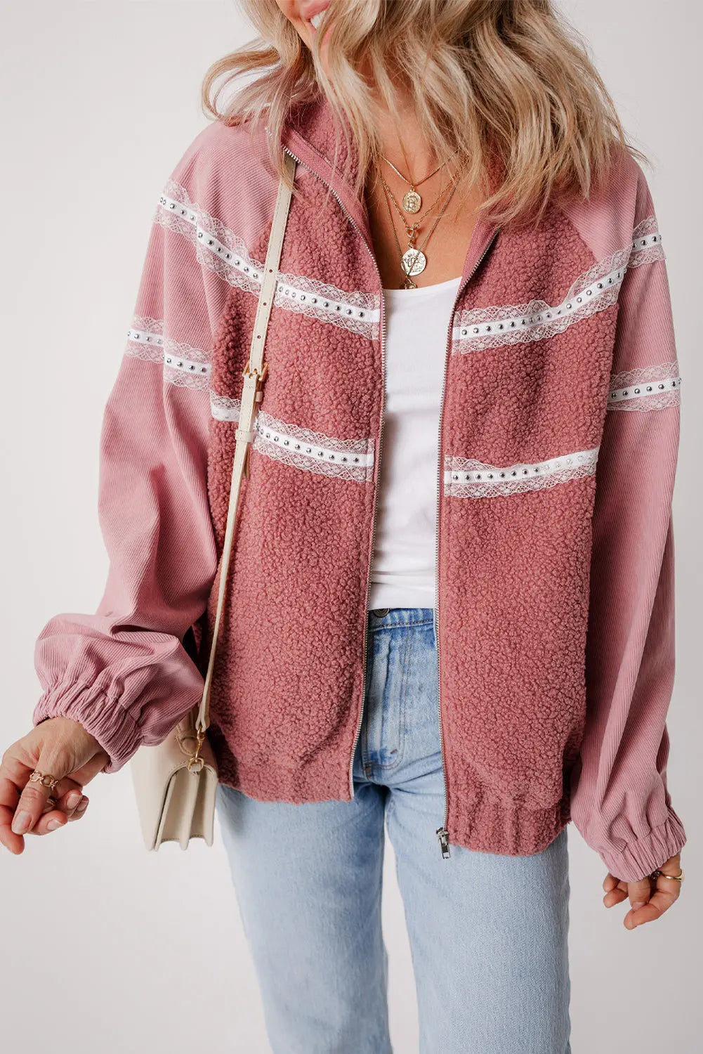 Rose Pink Sherpa Patchwork Lace Elastic Cuff Zip Up Jacket - eAura