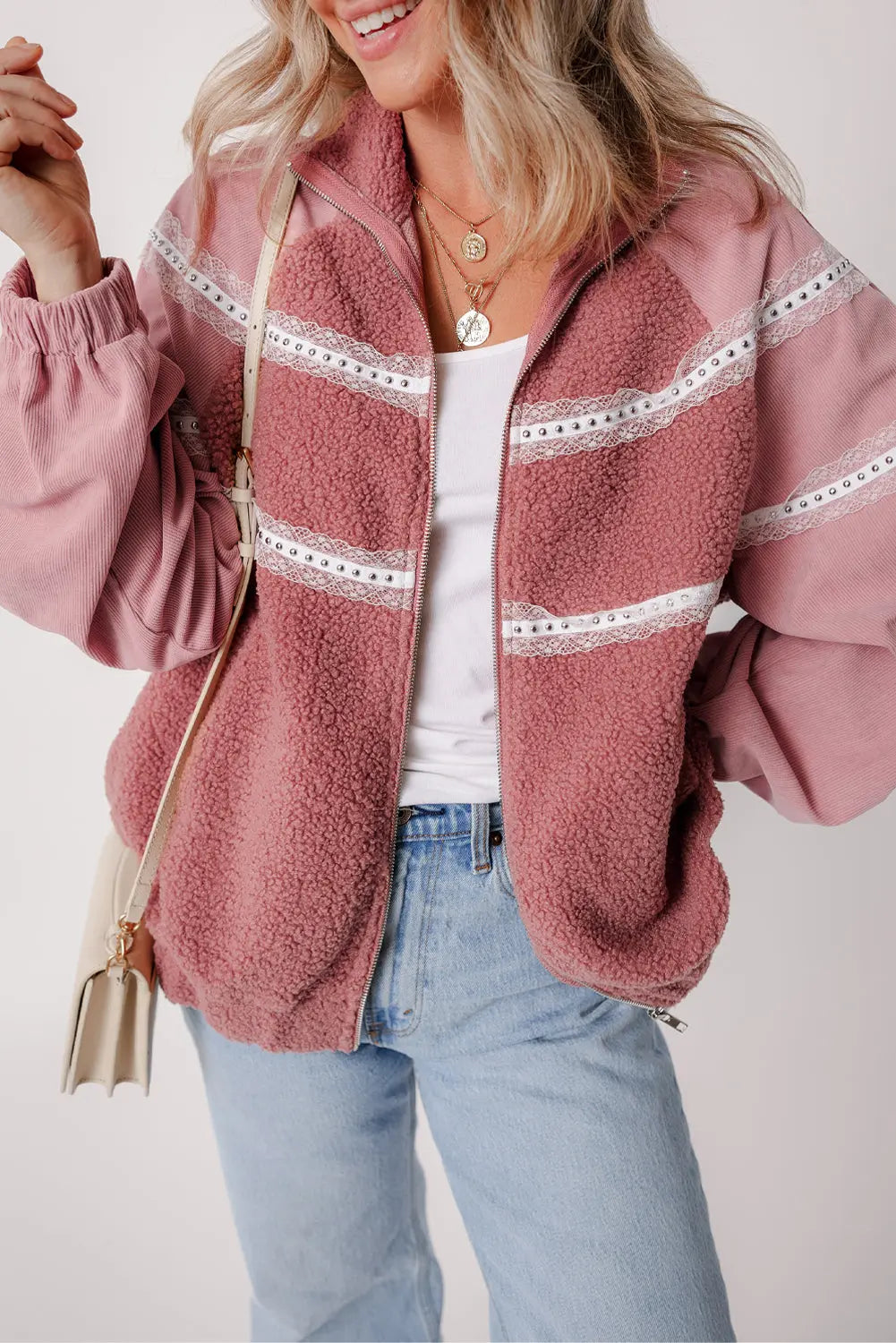 Rose Pink Sherpa Patchwork Lace Elastic Cuff Zip Up Jacket - eAura