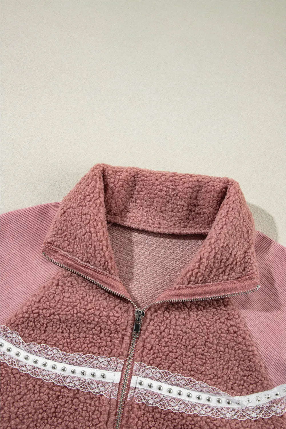 Rose Pink Sherpa Patchwork Lace Elastic Cuff Zip Up Jacket - eAura