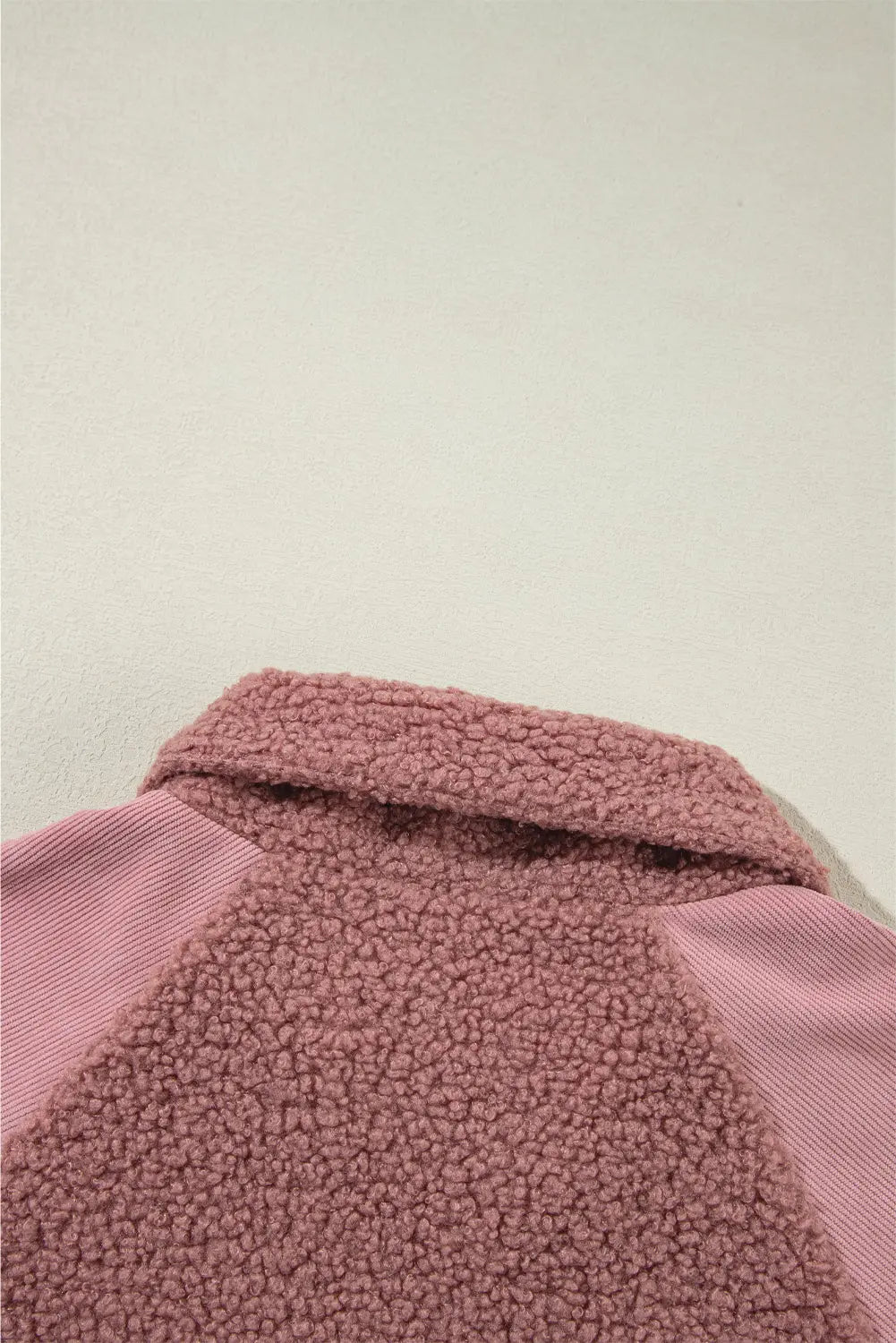 Rose Pink Sherpa Patchwork Lace Elastic Cuff Zip Up Jacket - eAura