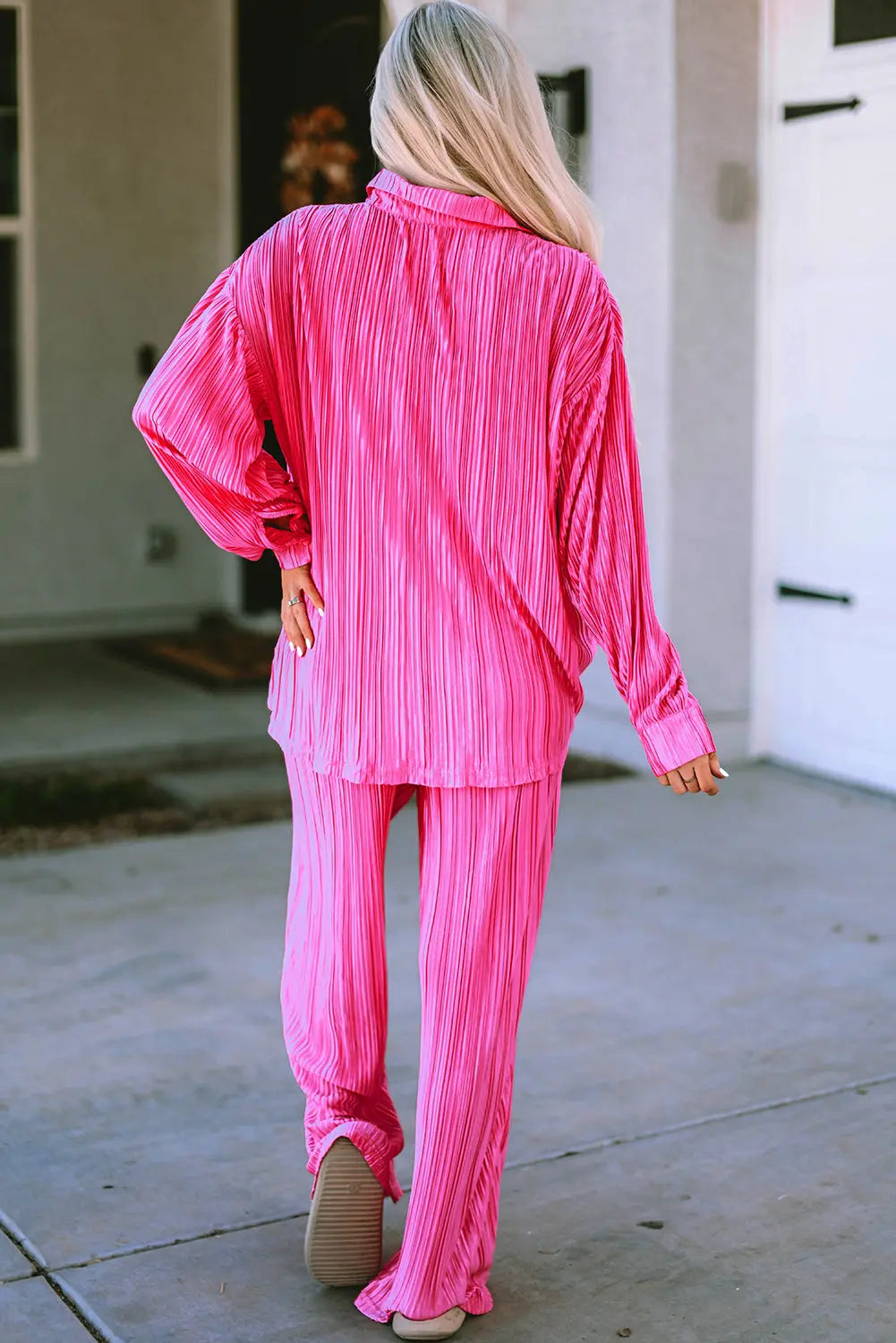Rose Pleated Long Sleeve Shirt and Wide-Leg Trousers Set eAura