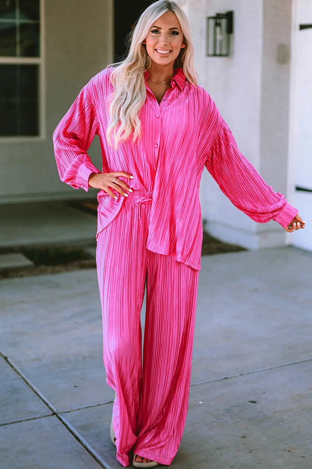 Rose Pleated Long Sleeve Shirt and Wide-Leg Trousers Set eAura