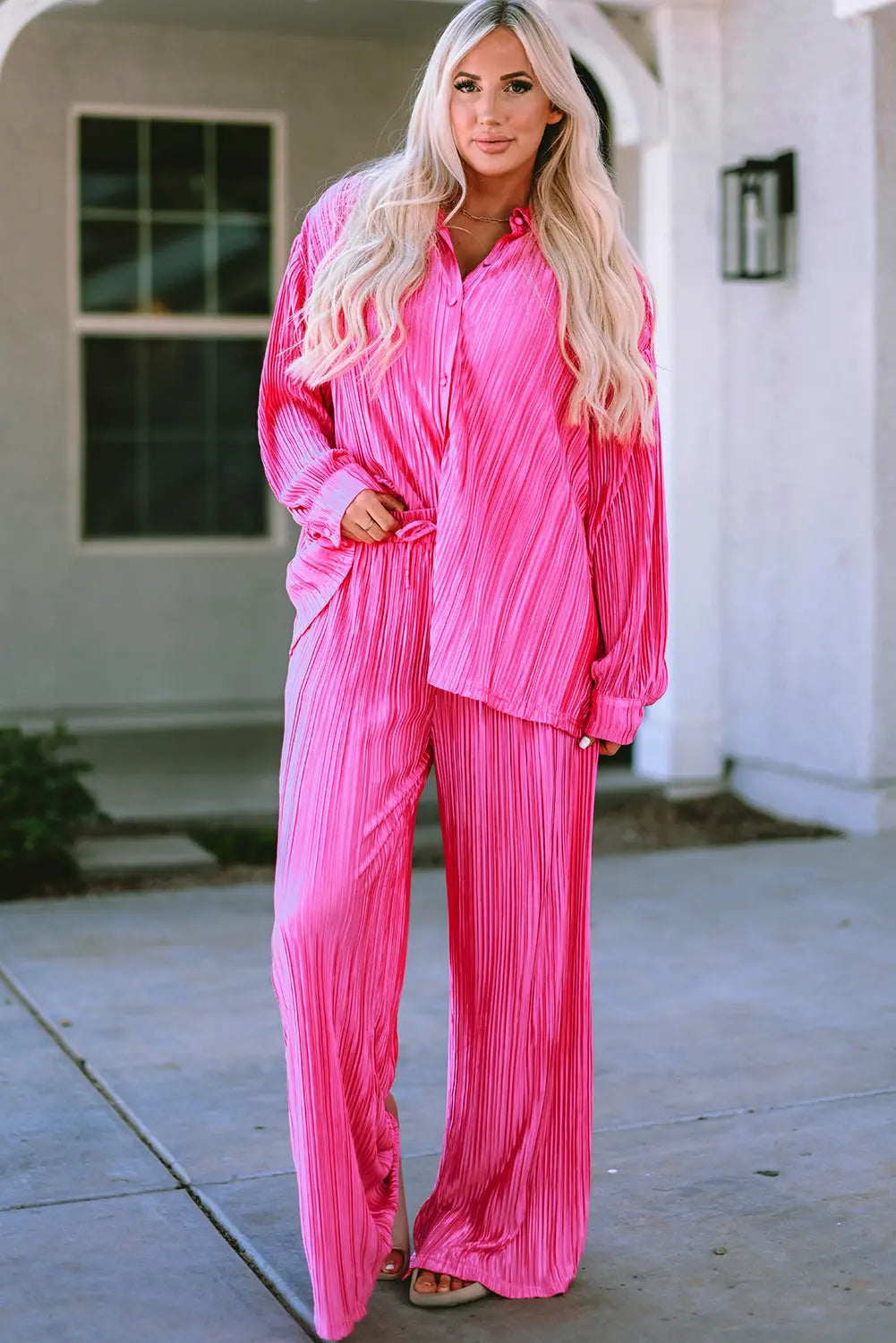 Rose Pleated Long Sleeve Shirt and Wide-Leg Trousers Set eAura