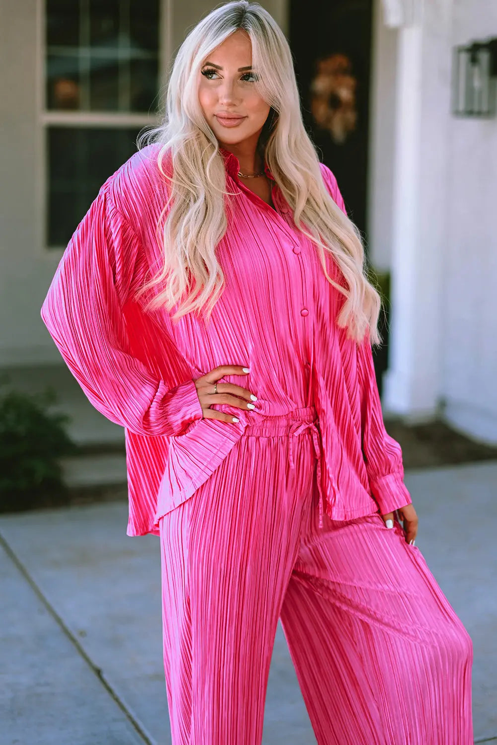 Rose Pleated Long Sleeve Shirt and Wide-Leg Trousers Set eAura
