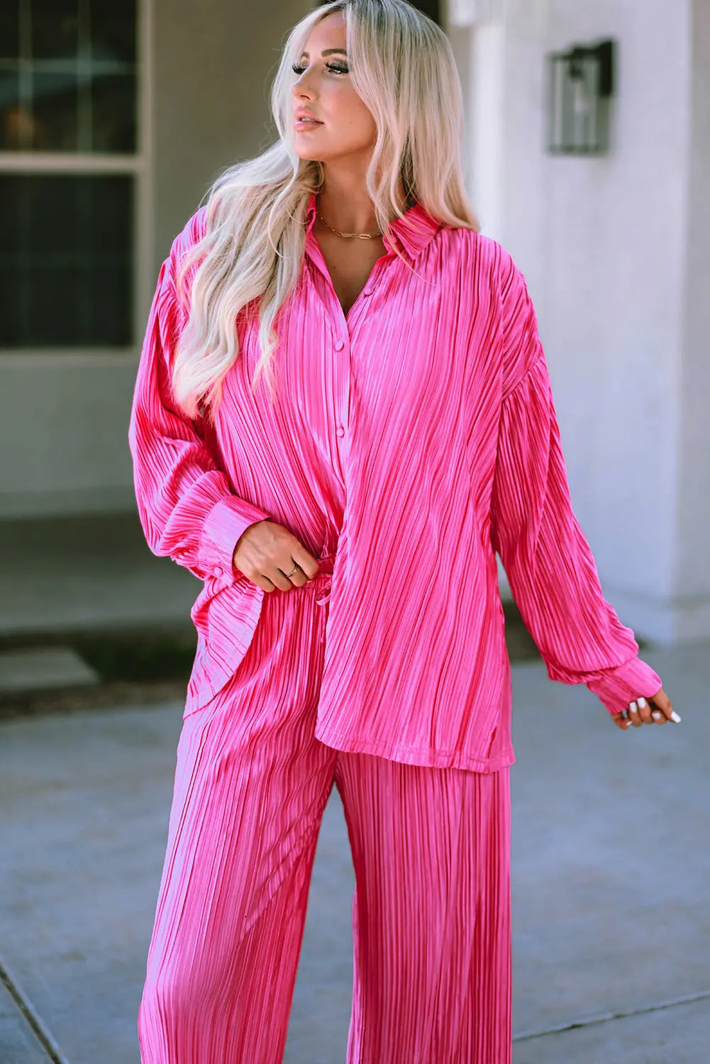 Rose Pleated Long Sleeve Shirt and Wide-Leg Trousers Set eAura