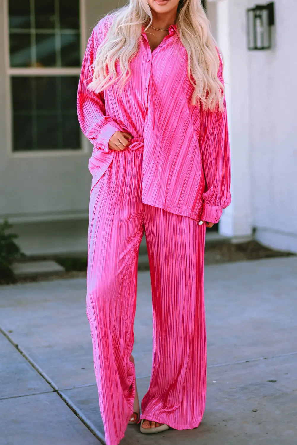 Rose Pleated Long Sleeve Shirt and Wide-Leg Trousers Set eAura