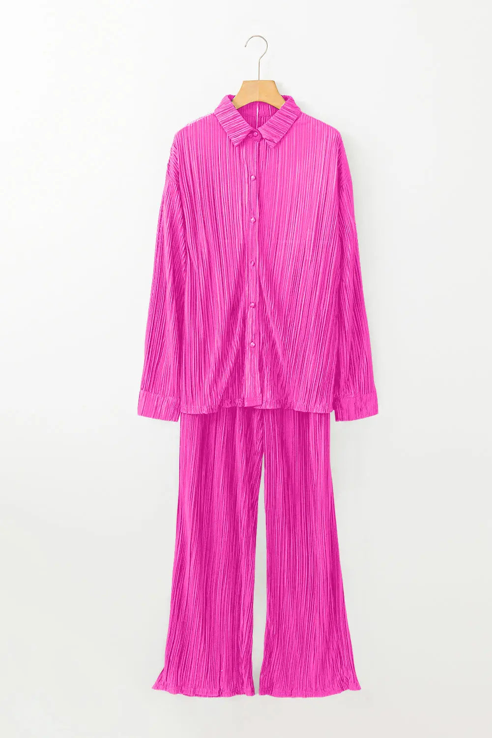 Rose Pleated Long Sleeve Shirt and Wide-Leg Trousers Set eAura