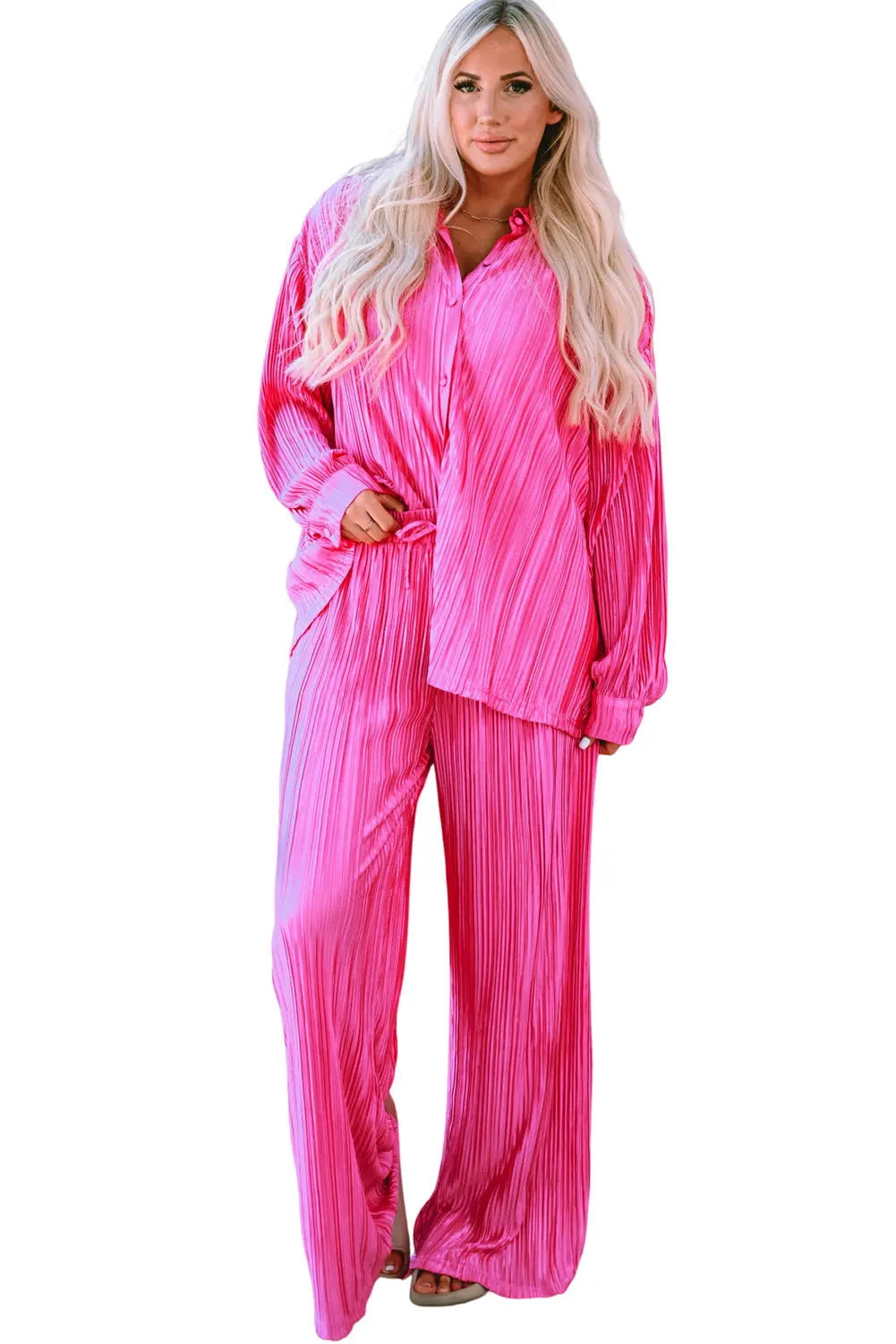Rose Pleated Long Sleeve Shirt and Wide-Leg Trousers Set eAura