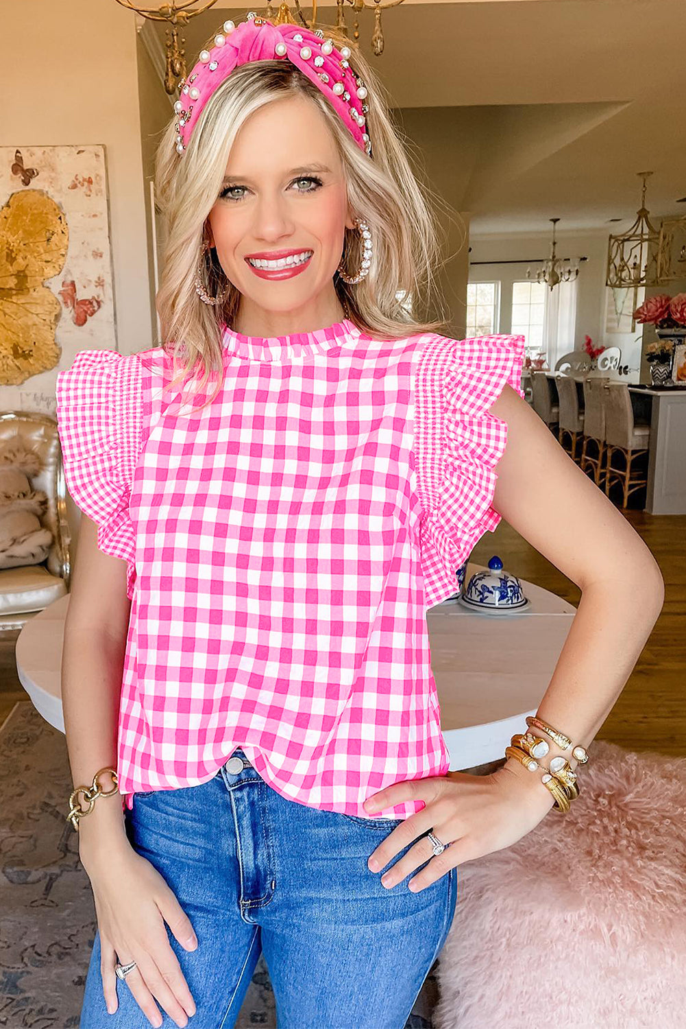 Rose Red Checkered Ruffled Sleeve Frilled Neck Blouse - eAura