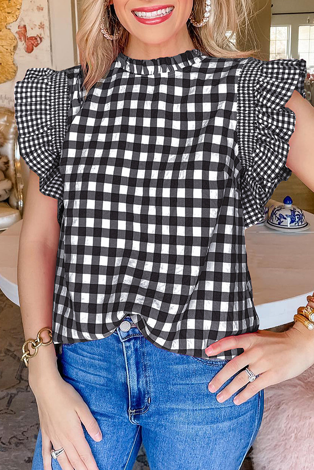 Rose Red Checkered Ruffled Sleeve Frilled Neck Blouse - eAura