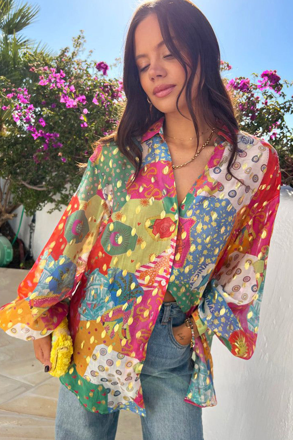 Rose Red Colourblock Abstract Print Button up Loose Shirt - eAura